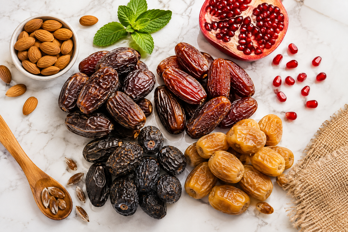 Premium Saudi dates with almonds, mint and pomegranate arranged on marble surface | Pak Soorty Dates & Nuts