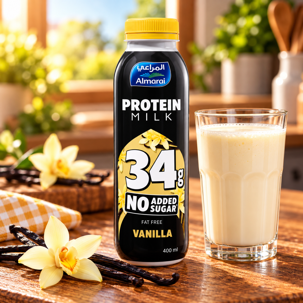 Almarai Protein Milk Vanilla 400ml black bottle with yellow cap