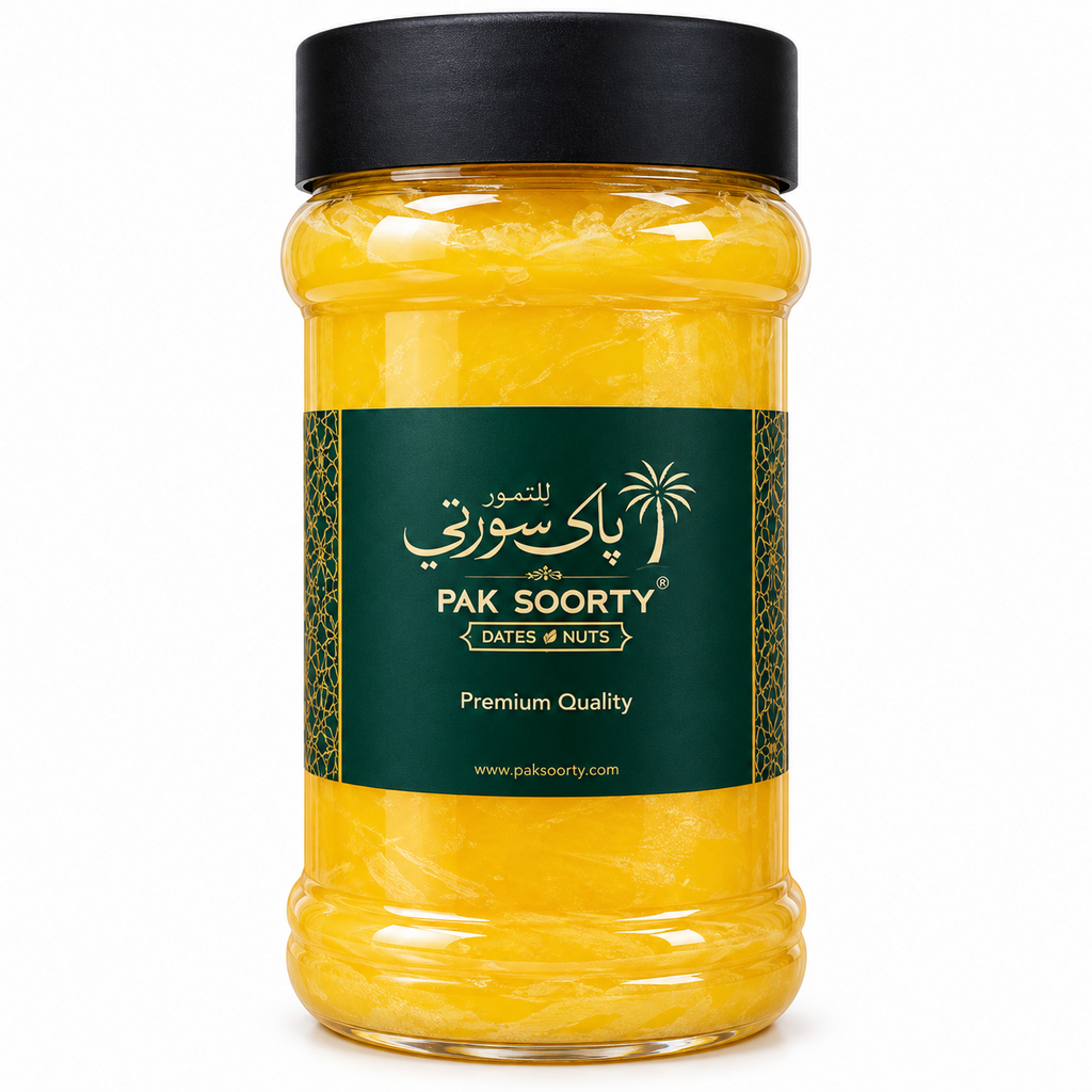 Pak Soorty Premium Desi Cow Ghee in transparent jar