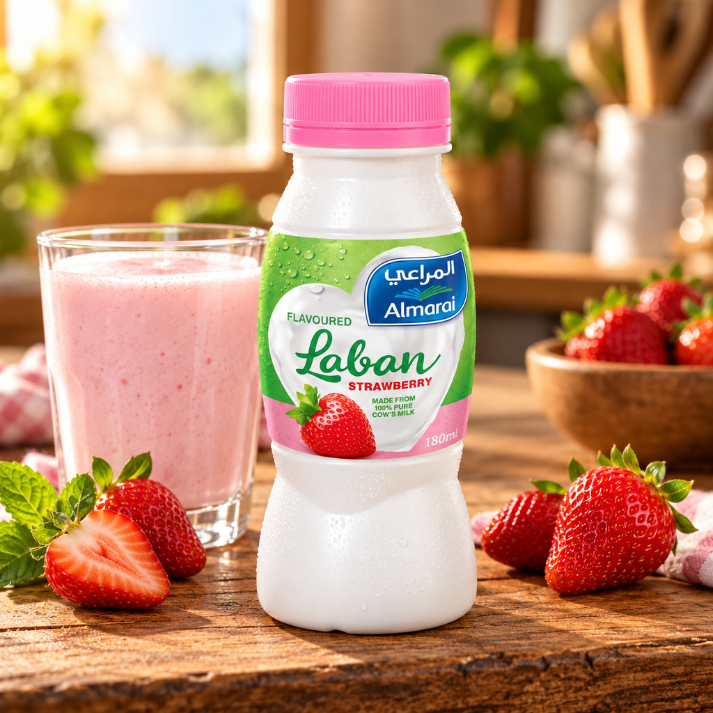 Almarai Strawberry Flavoured Laban 180ml bottle with pink cap 